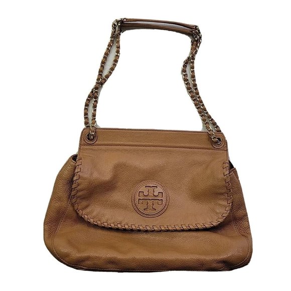 Tory Burch Marion Whipstitch Leather Saddle Convertible Chain Crossbody Tan Bag - Picture 1 of 16